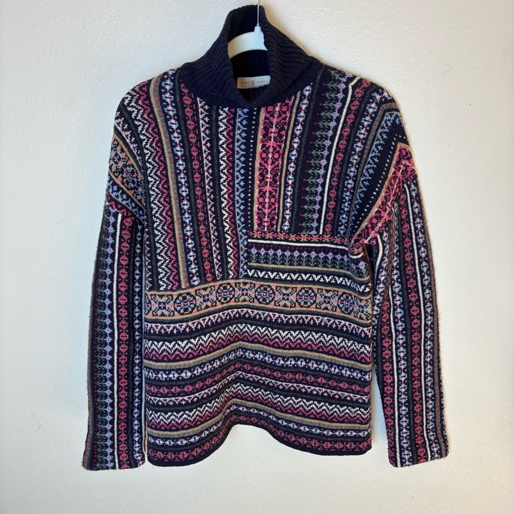 Tory Burch Fair Isle Wool Turtleneck Sweater Navy Pink Multicolor Women’s Small